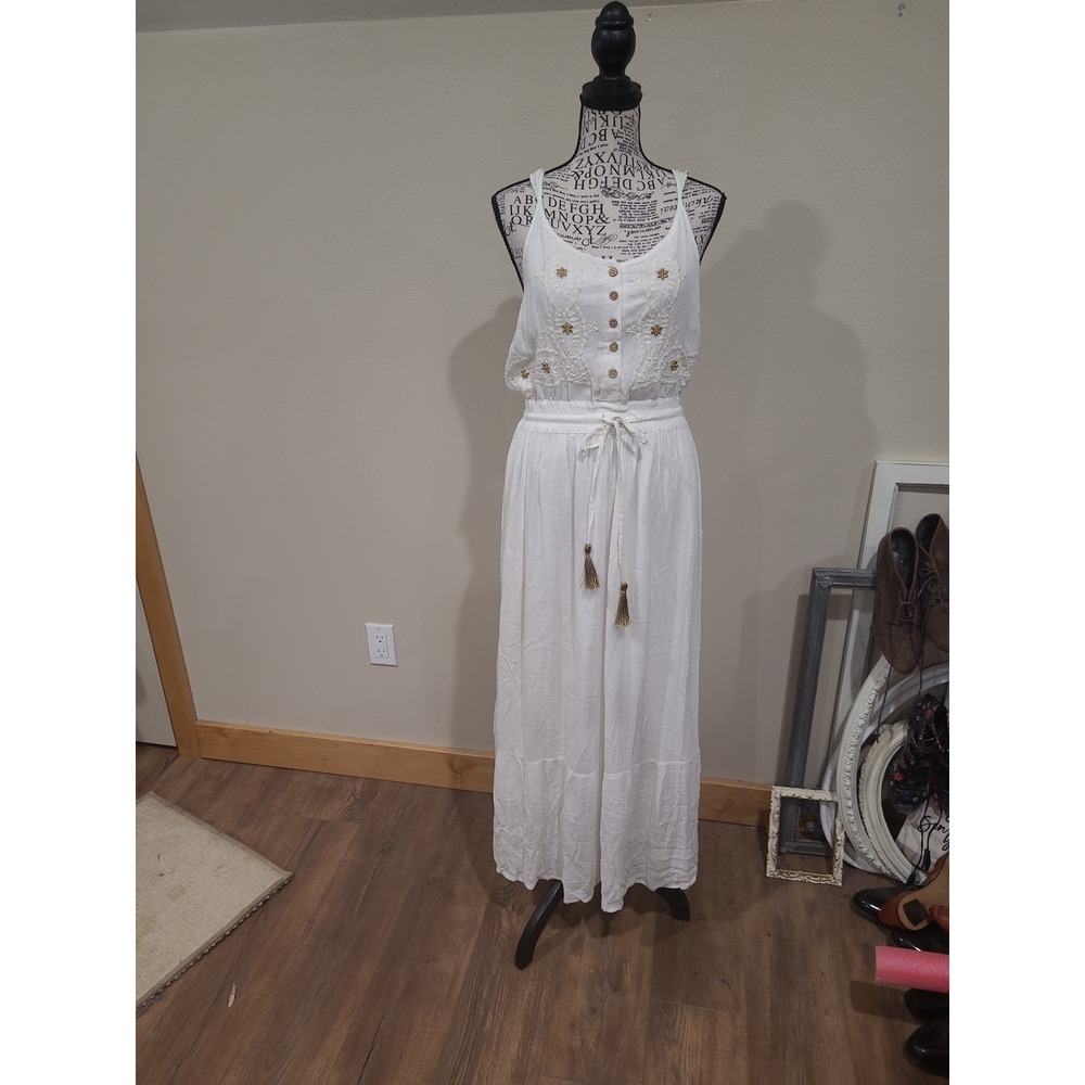 RAGA Boho MAXI Women SZ S Ivory gauzy button front tassels tie belt embroidery